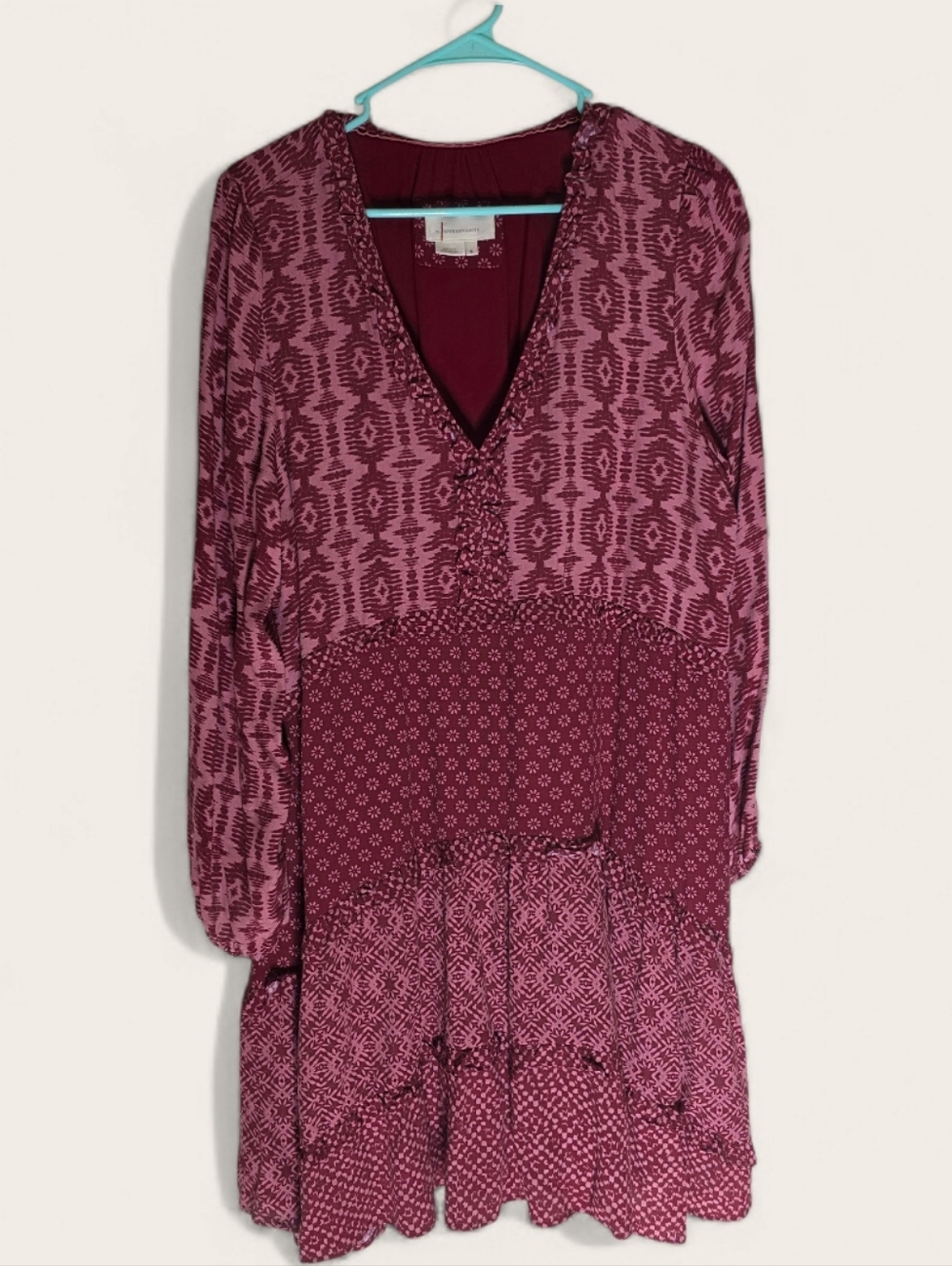 Anthropologie Maeve Burgundy Floral-Print Tiered Dress, Long sleeve, XL
